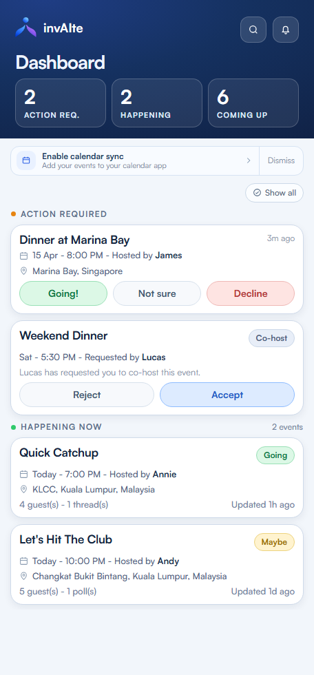 invAIte home dashboard preview for hosts managing events
