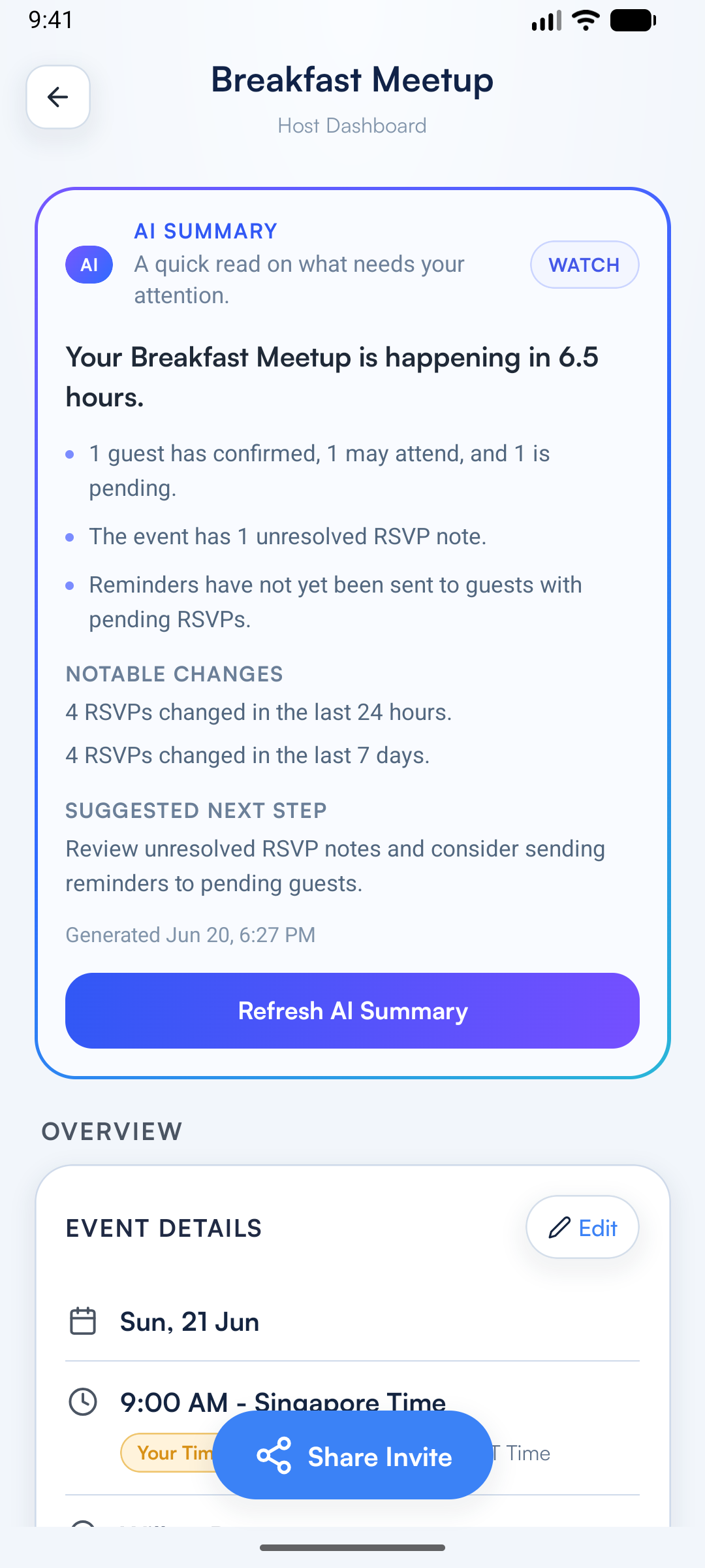 invAIte AI host briefing screen summarizing RSVP risk and event attention items