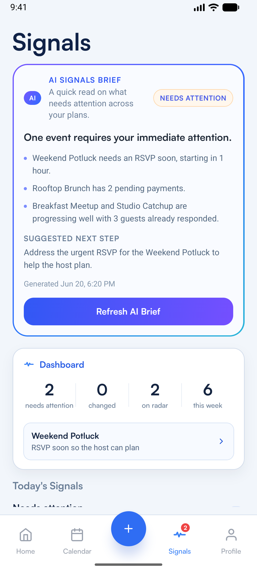 invAIte AI Signals brief screen highlighting event changes and attention items