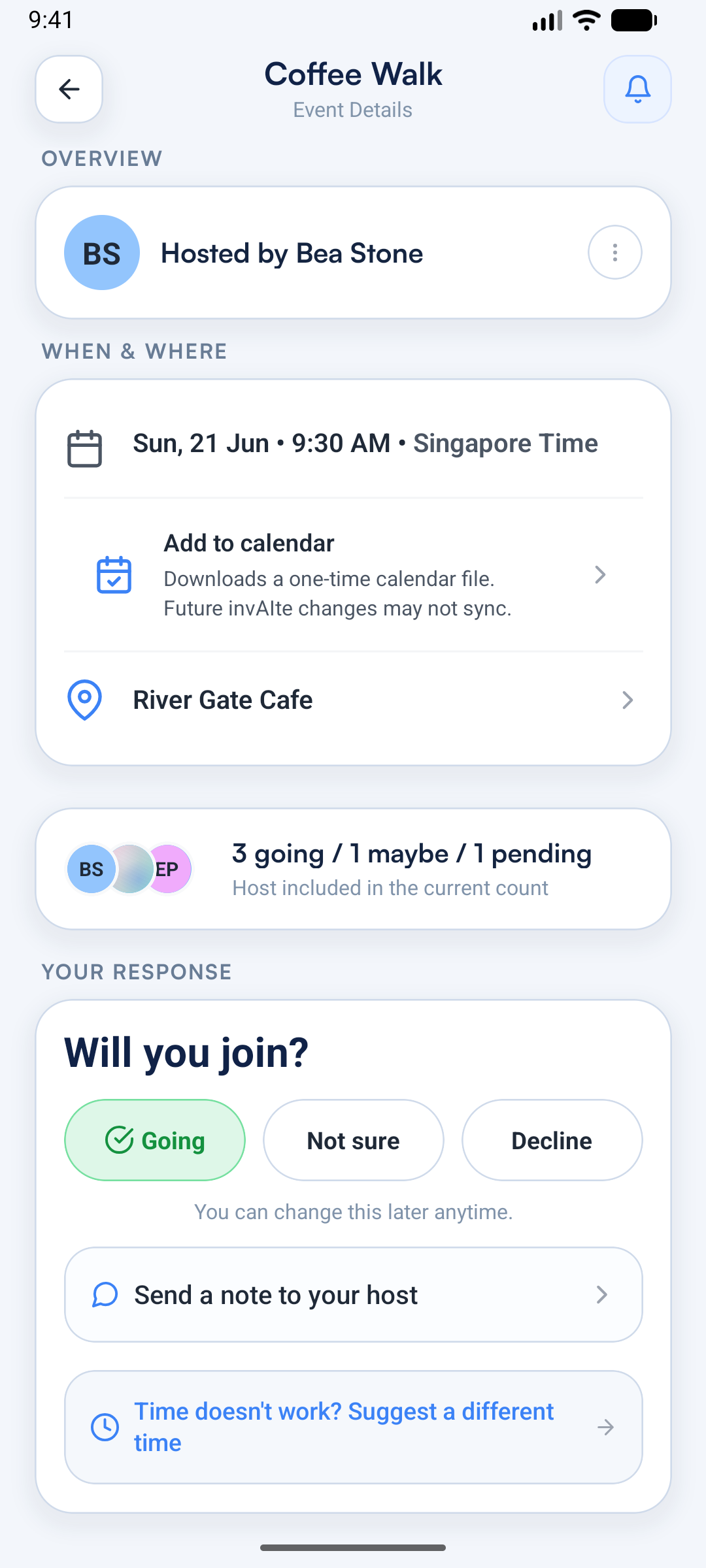 invAIte event details screen showing guest RSVP actions and event coordination details