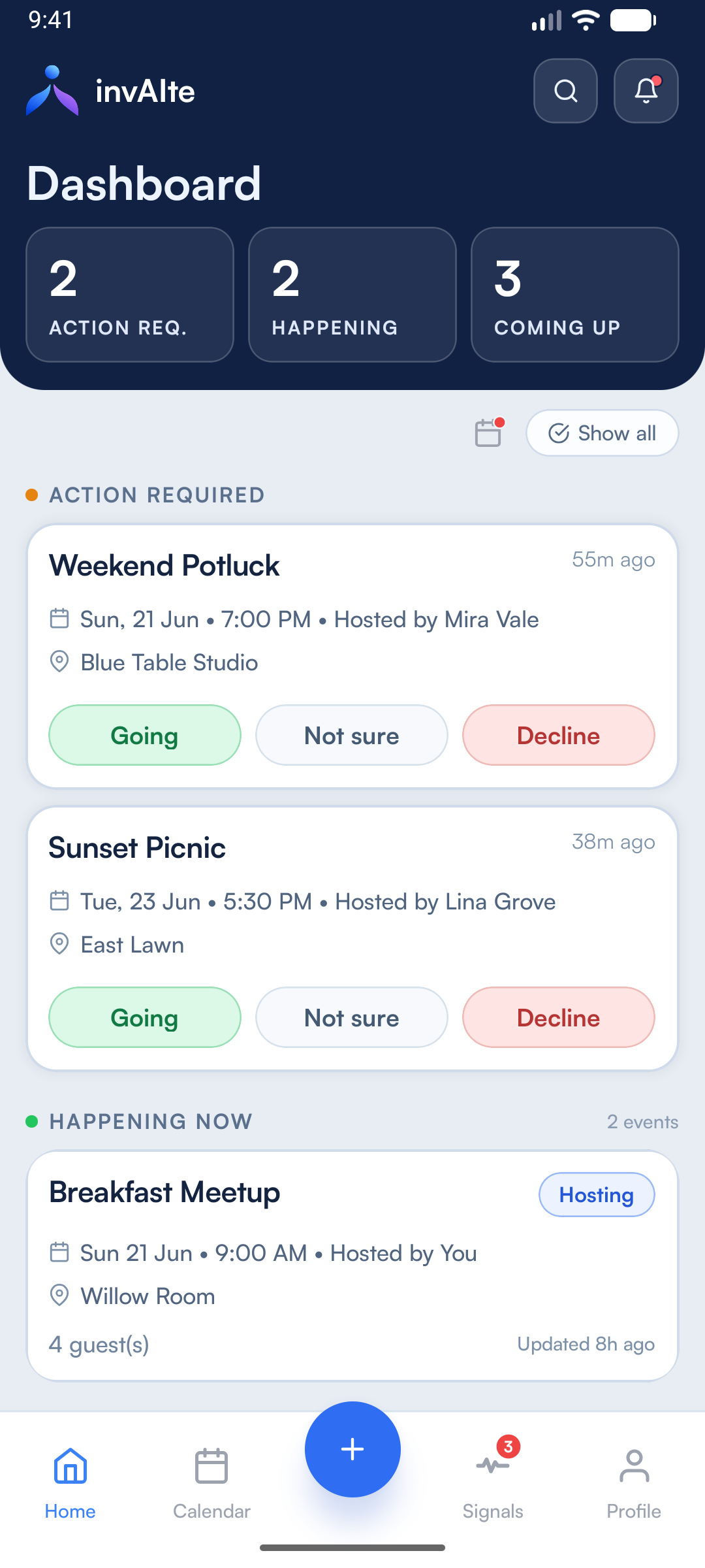 invAIte home dashboard showing action required, happening now, and upcoming events