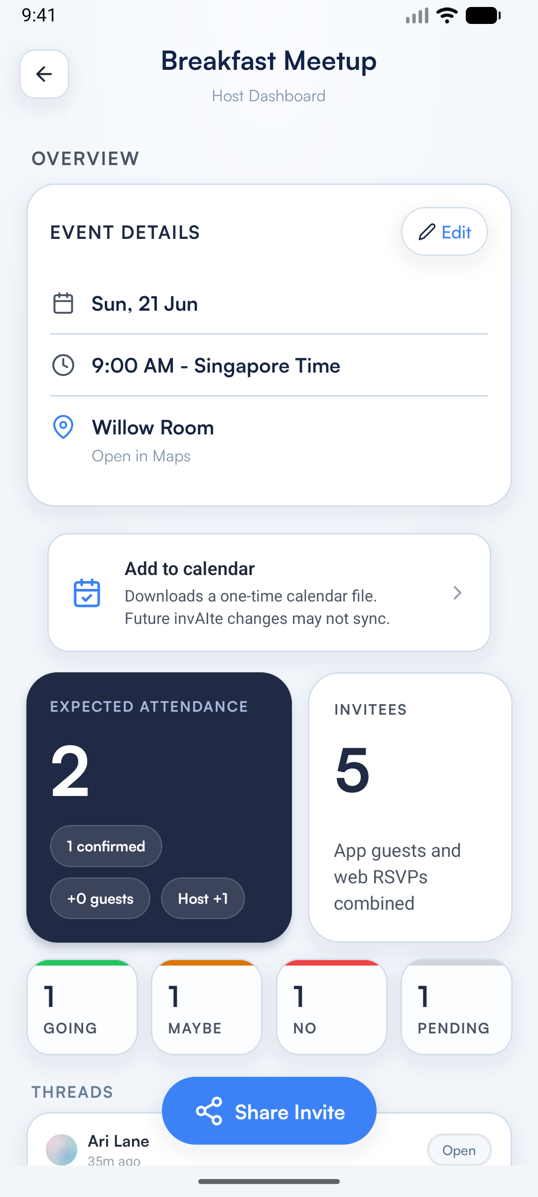 invAIte host dashboard screen showing event details, attendance, invitees, and coordination tools