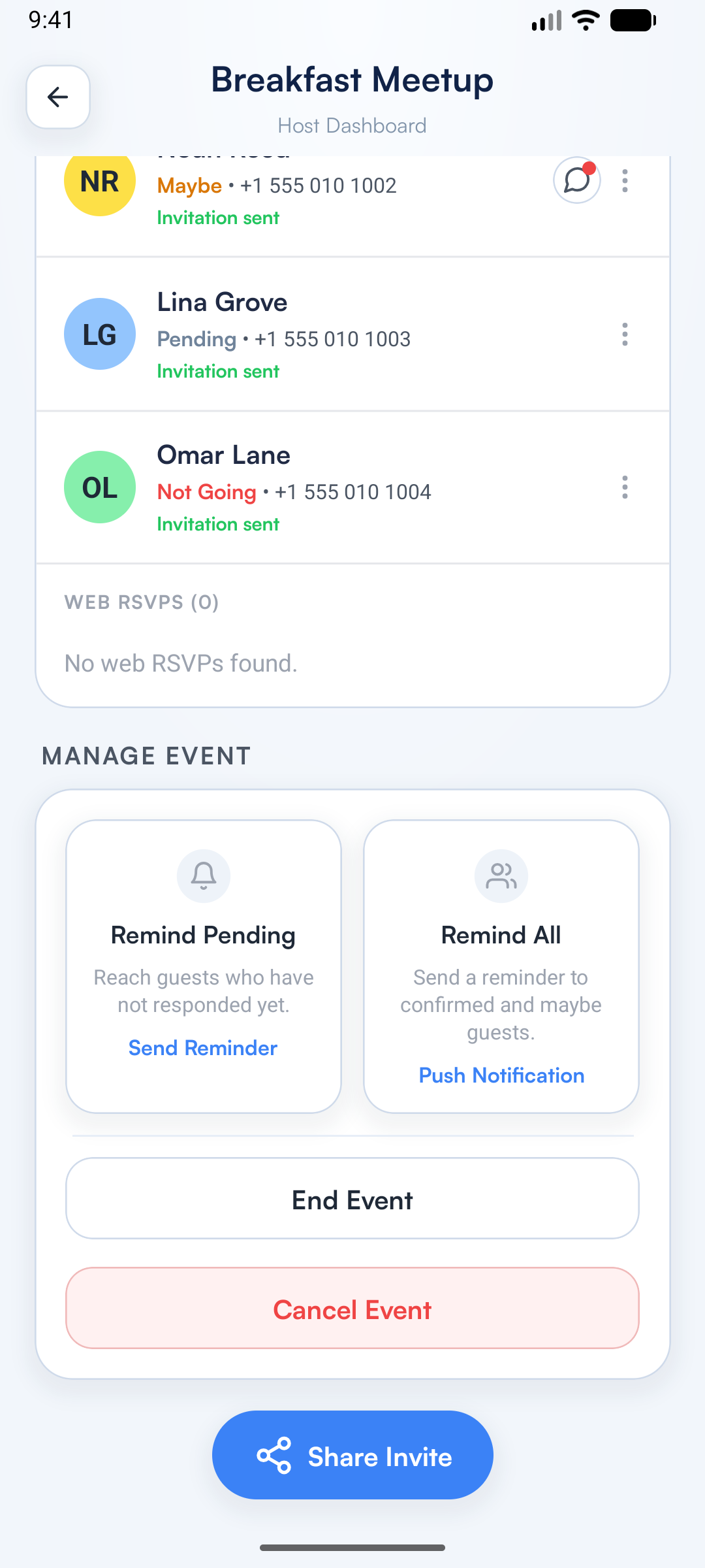 invAIte reminders screen for notifying pending guests