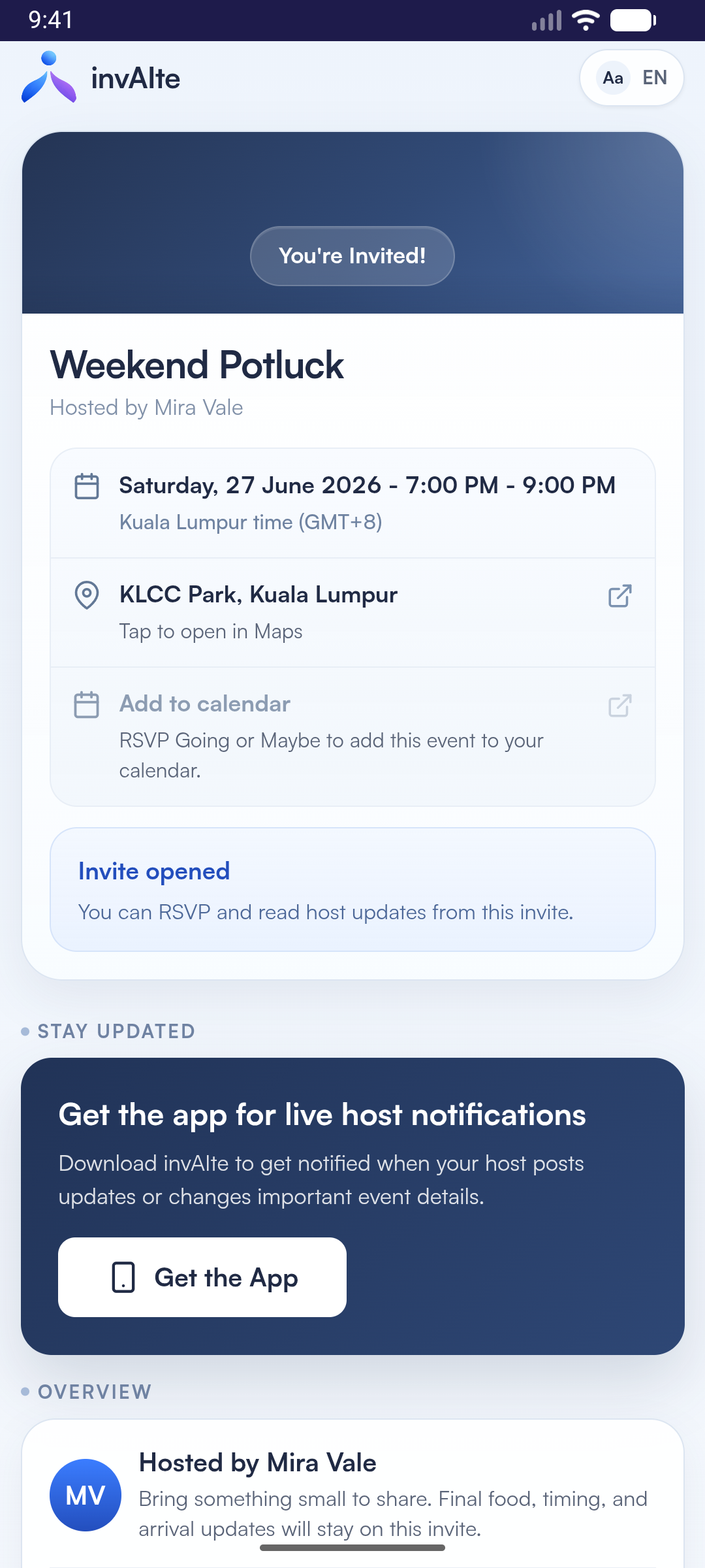invAIte web RSVP invite screen with guest response actions